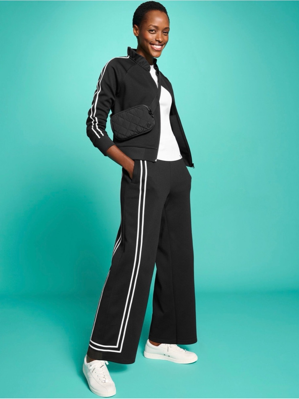 Talbots Black Wide-Leg Track Pants with White Side Stripes